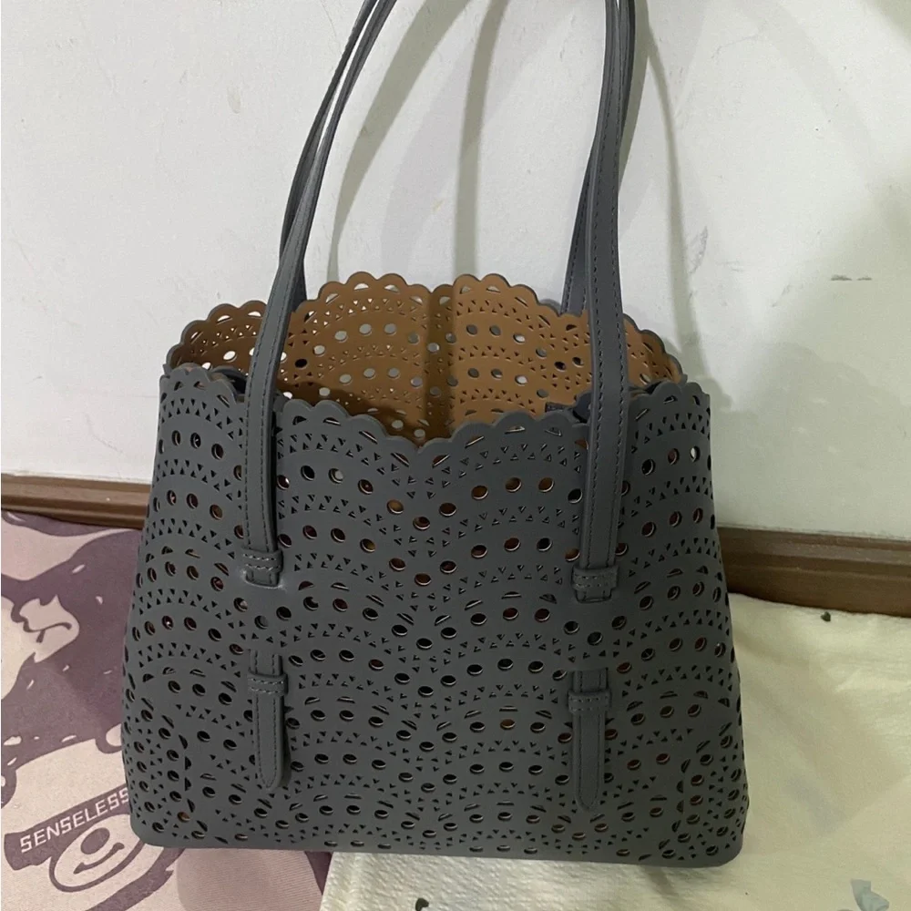 Alaïa Gray Laser-Cut Tote with Tan Interior